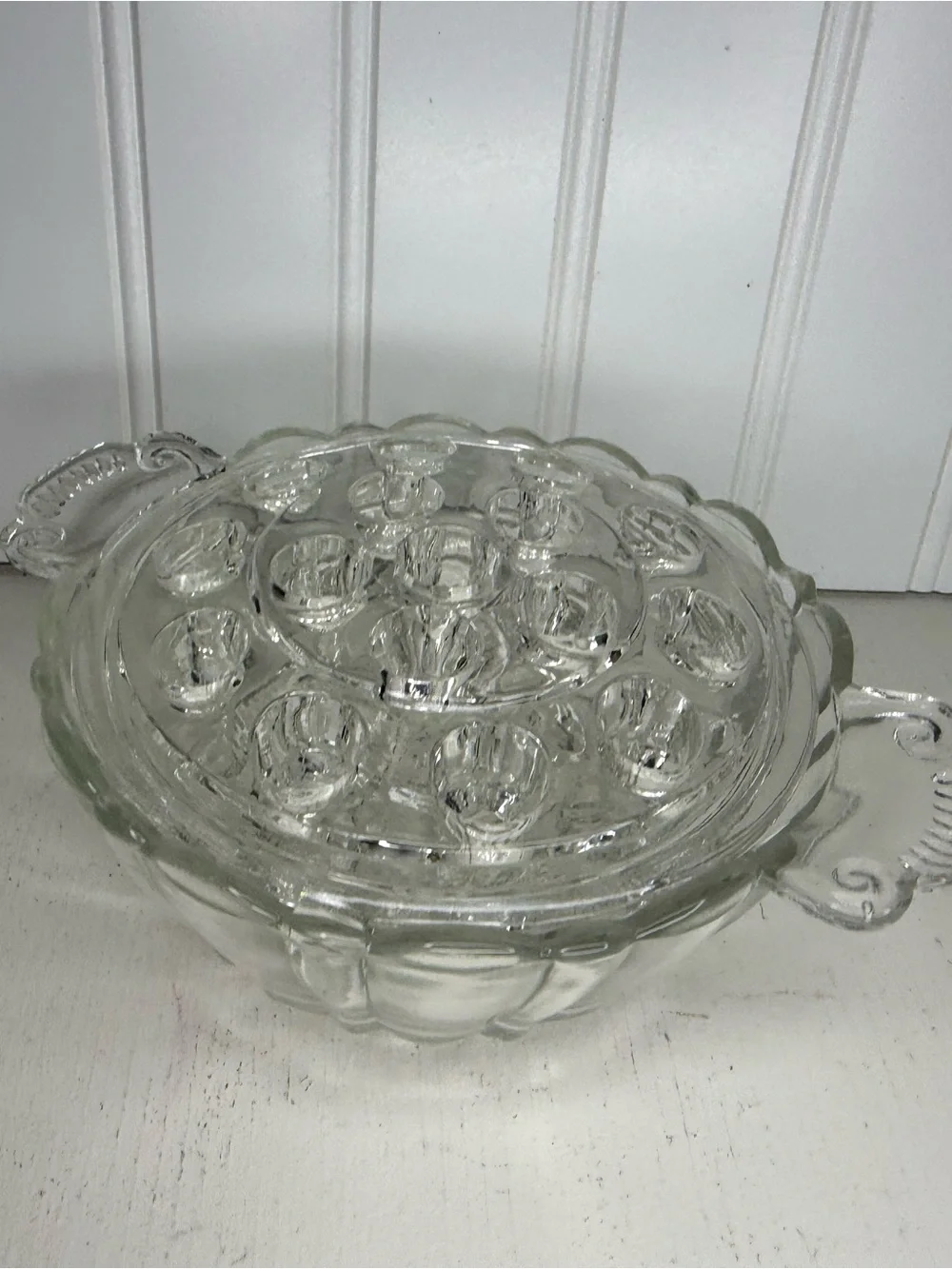 Vintage Anchor Hocking Old Cafe 16 hole clear glass Flower Frog bowl, circa 1930